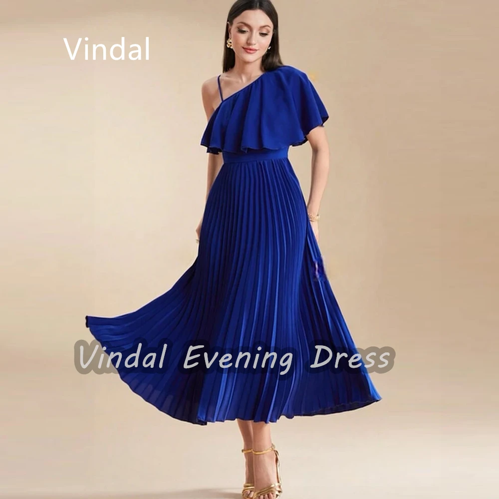 Vindal Crepe Knee length Flower One Shoulder luxurious Ruffle A-Line Breast Padding Elegant Short Sleeves السعود For Woman 2024