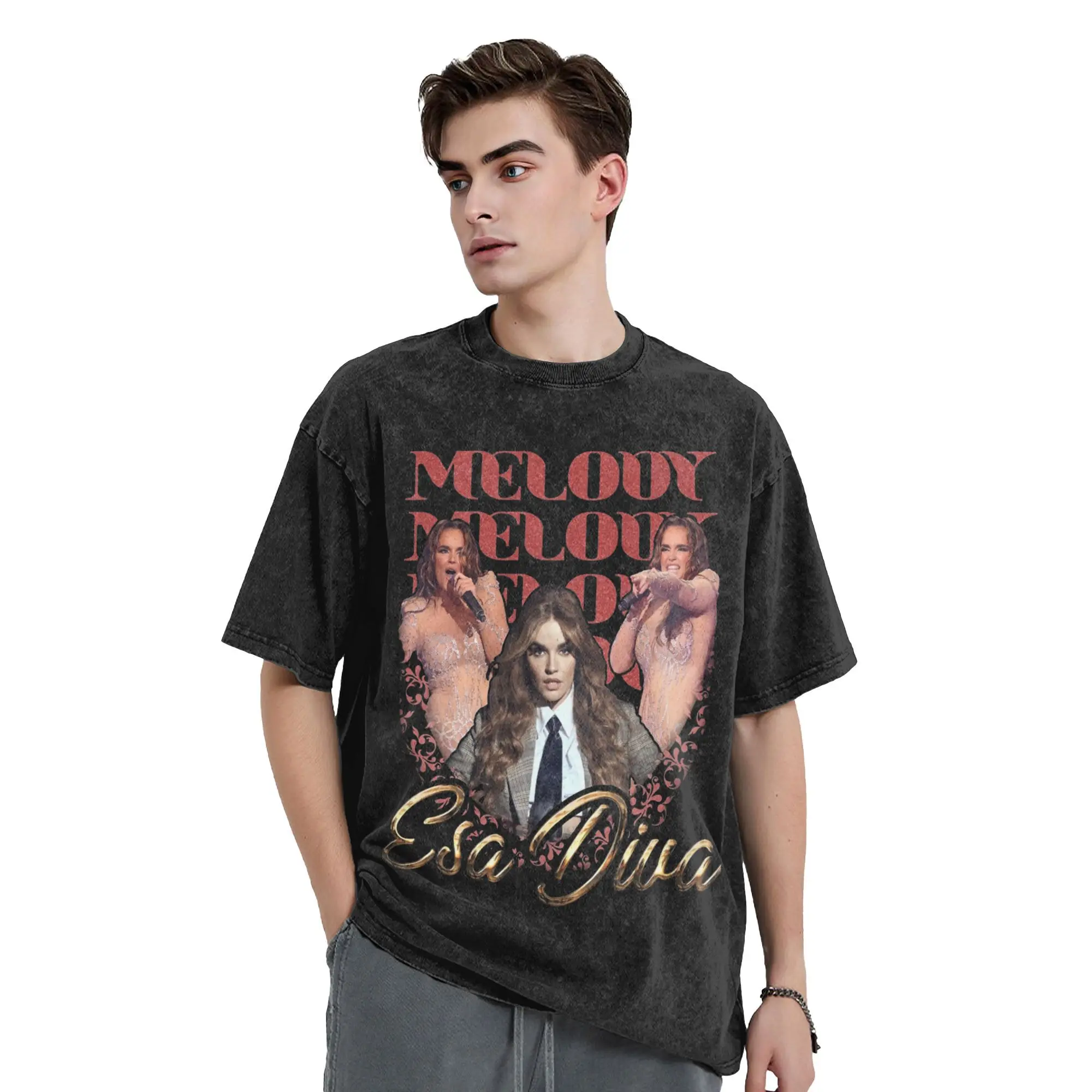 

Melody Esa Diva Eurovisions 2025 Spain Washed T Shirts Streetwear T-Shirts Tees Tops for Men Women 100% Cotton Oversize Summer