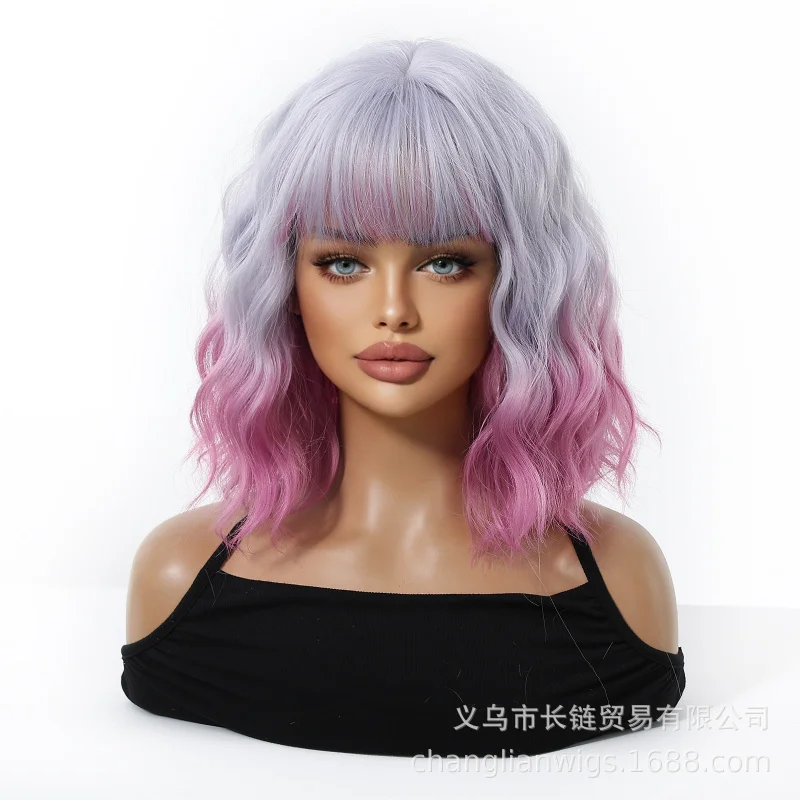

Halloween , purple color with bangs, short curly hair, trendy full-head synthetic wig for women cosplay