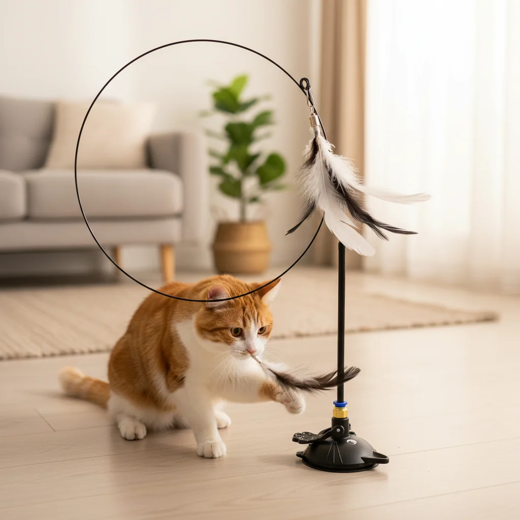

Cat Teaser Wand With Suction Cup Base And Replaceable Colorful Wire Heads For Indoor Play