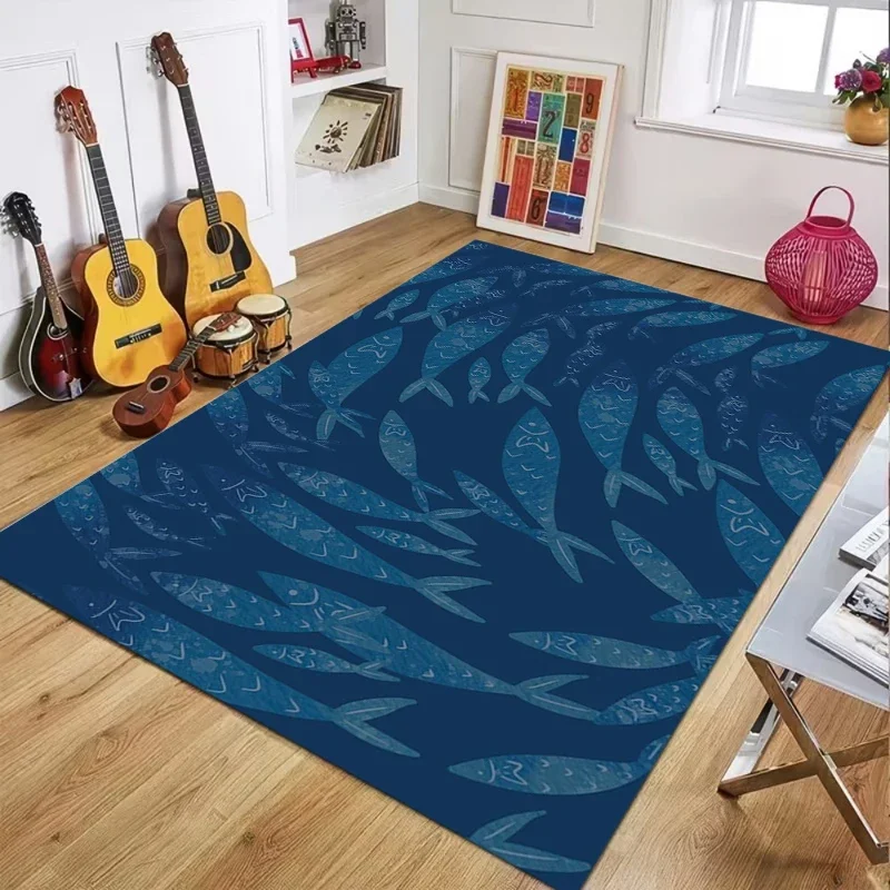 Blue Ocean Marlin Swordfish Art Carpet Rug Sea Life Pattern Mat Home Decoration Marine Animal Design Non-Slip Floor Decor