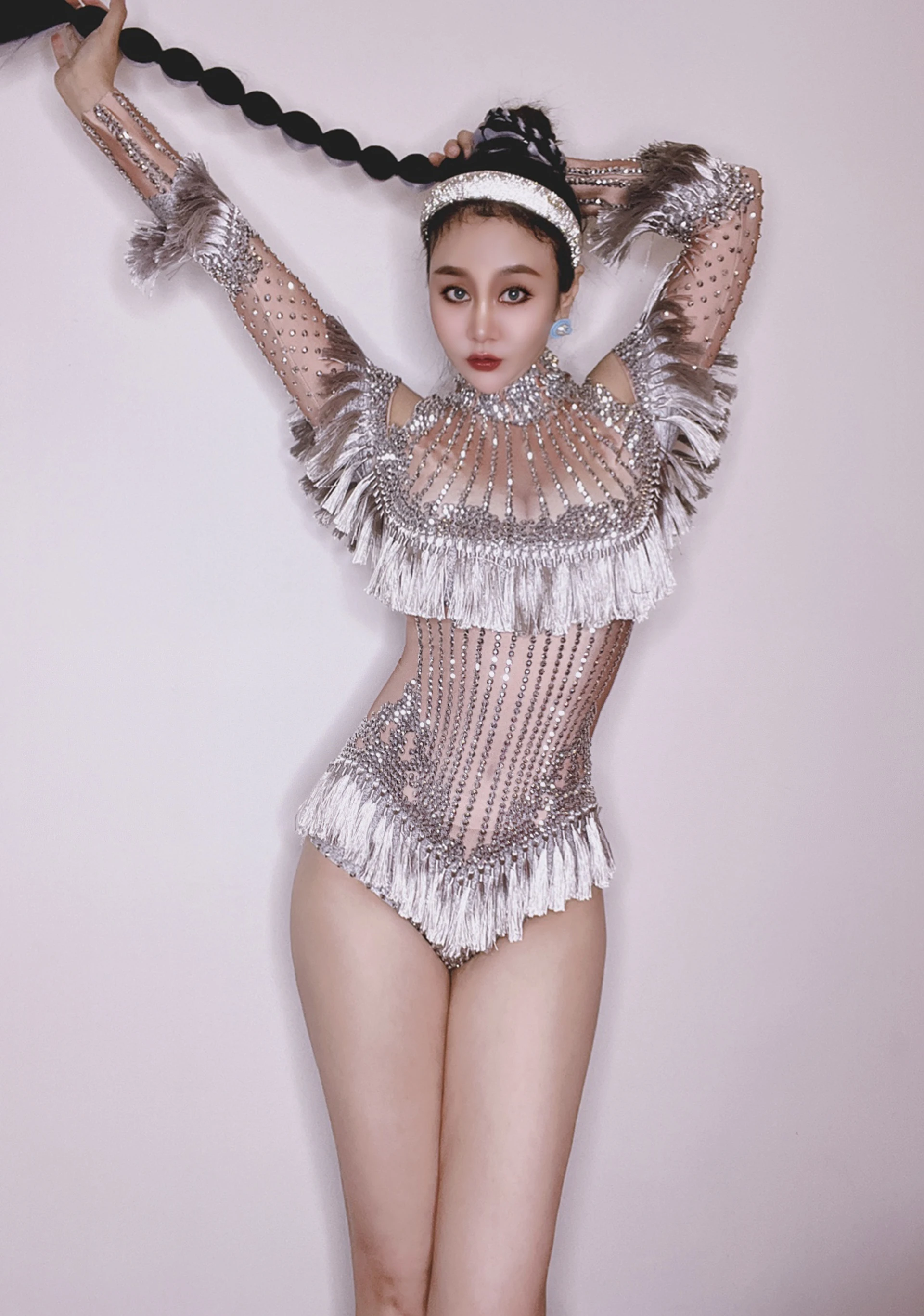 2025 القطب ملابس رقص تمتد حجر الراين هامش بذلة المغني أداء المرحلة ارتداء الهذيان الزي سحب الملكة الملابس yk146