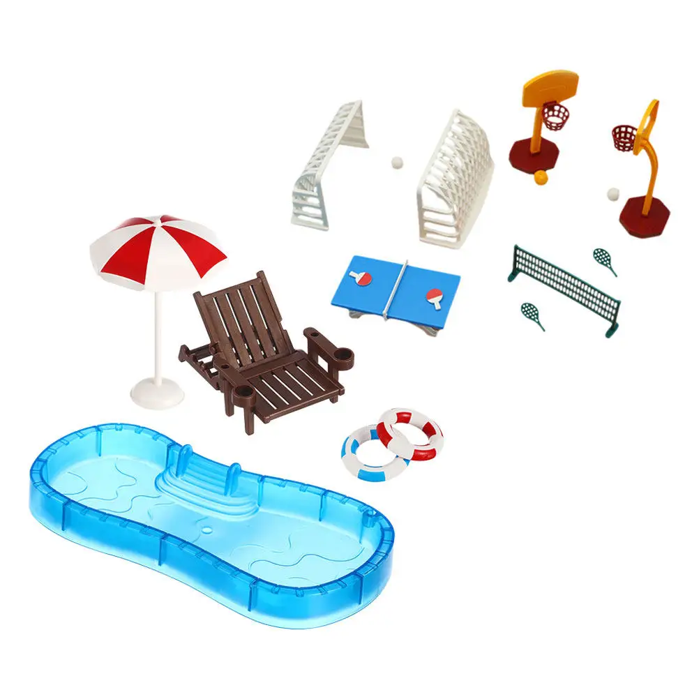 

2Set Mini Dollhouse Pool Accessories Realistic Sports Equipment Swimming Rings Beach Chairs Umbrella Miniature Outdoor