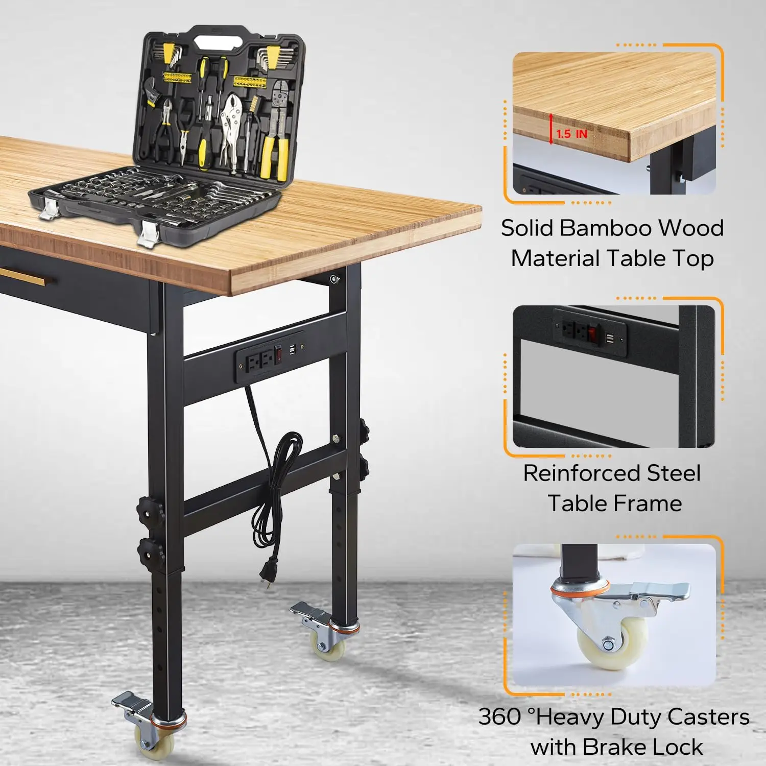 60" Adjustable Work Bench with Drawer Storage, Power Outlet, and Wheels - Heavy Duty Work Table for Home, Garage, and Office