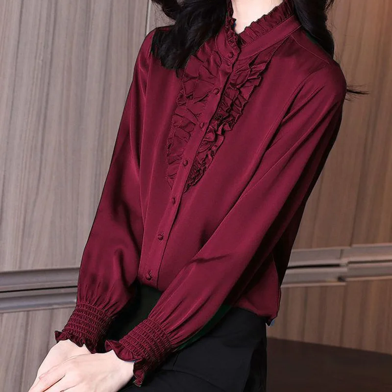 Office Lady Ruffles Pleated Blouse Spring Autumn New Long Sleeve Solid All-match Vintage Shirt Tops Fashion Korean Women Clothes