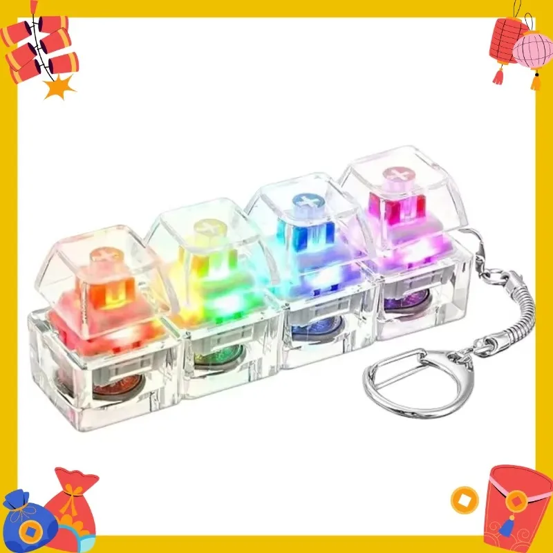 Mechanical Keyboard Keychain with LED Light, 4 Switches Click Sound Fidget Toy, Stress Relief Toy, Cool Gift for Gamers