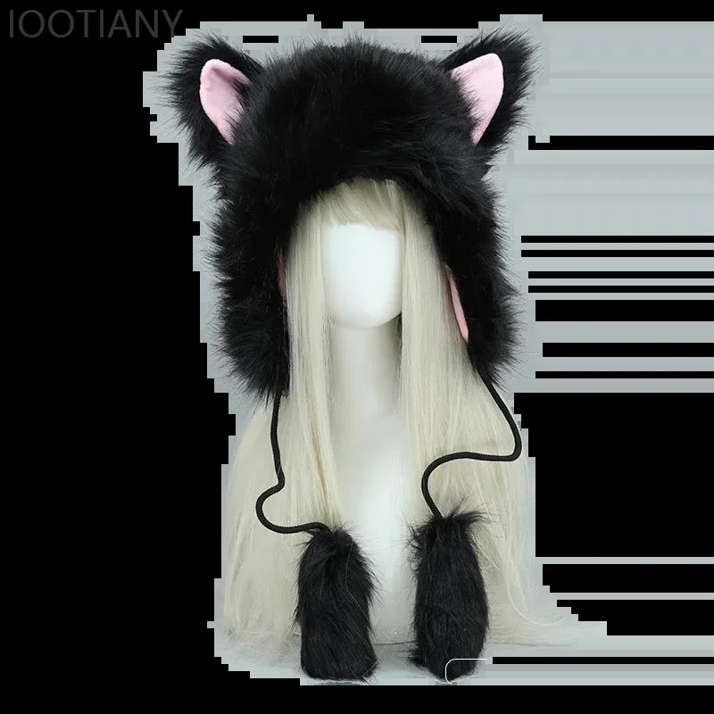 

IOOTIANY Women's Y2k Plush Cute Hat Cat Ears Winter Warm Handmade Flat Hat Pom Pom Cosplay Party Performance Costume Headdress