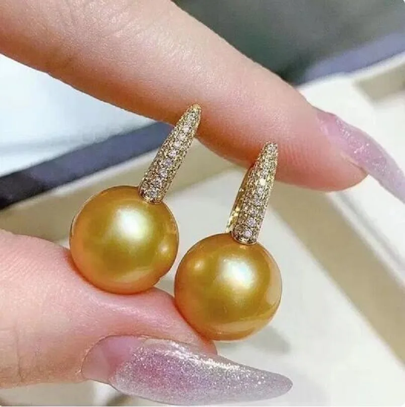 

AAAAA Gorgeous Huge 11-10mm Round South China Sea Gold Pearl Earrings 925s