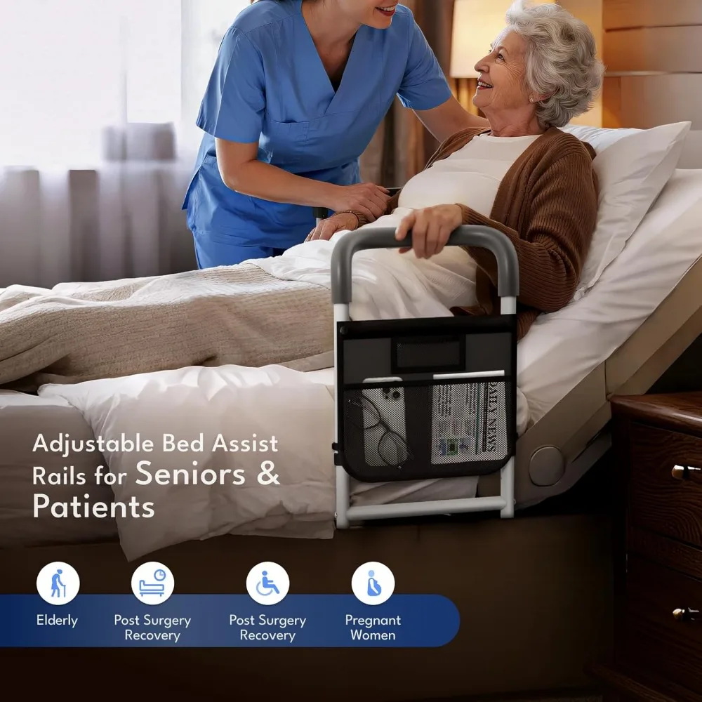 Adjustable Bed Safety Rail for Seniors, 350lbs Heavy Duty Assist Handle with Storage Pocket & Fixing Strap, Fits Standard Beds