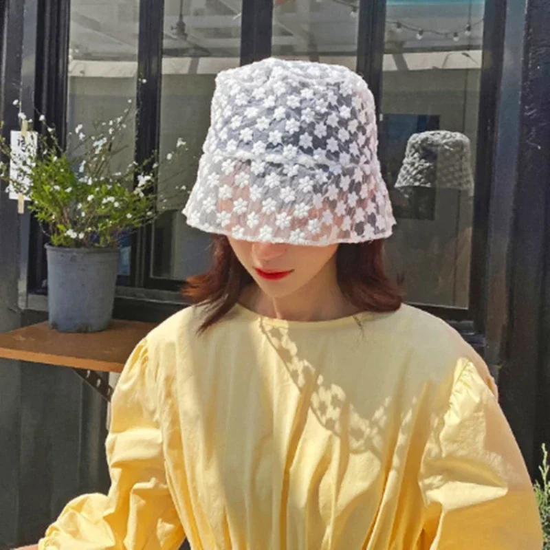 New Breathable Thin Canvas Bucket Hat For Women Lace Decor Sun Hat Summer Outdoor Shade Flat Cap Student Daily Fashion Headwear