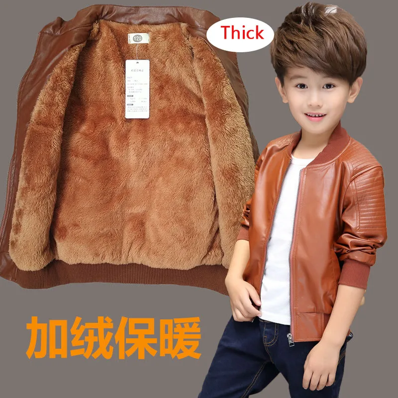 New Boys PU Leather Coats Autumn Winter Fashion Children\'s Plus Velvet Warming Cotton Jacket For 2-14 Years