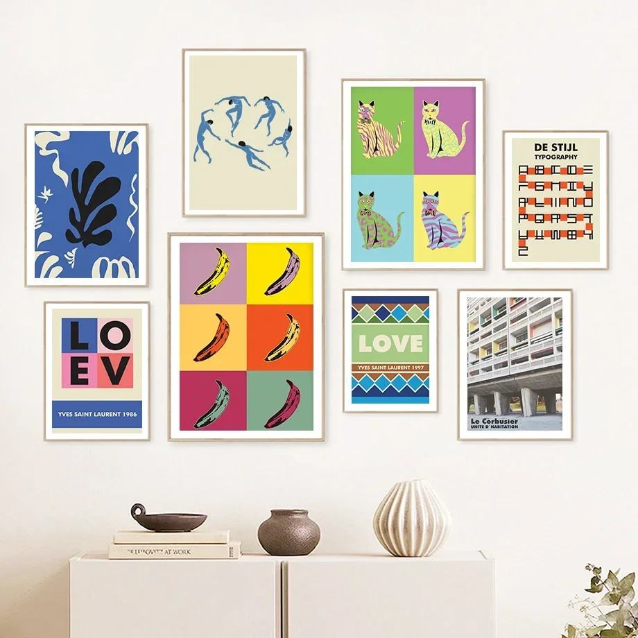 الحديثة الملونة هندسية المرجان القط الحب معرض المشارك وطباعة الرسم على لوحات القماش الجدارية جدار صورة لغرفة المعيشة ديكور