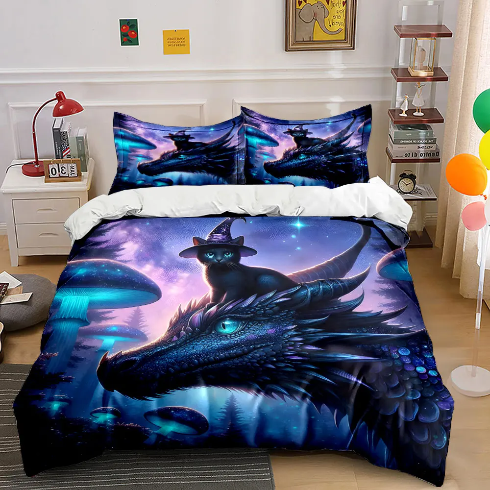 Fantasy dragon in mushroom forest Printed Duvet Cover Set1 Duvet Cover+2 PillowcaseMulti Size Bedroom Bedding Decoration