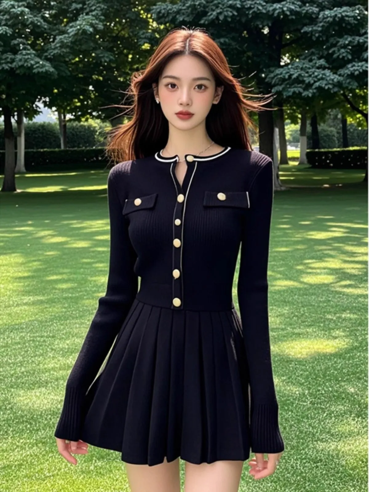 Hebe Style Knitted Dress Women's High Waist A-Line Skirt Single Button Long Sleeve Short Dress Autumn Winter Fashion Sensation
