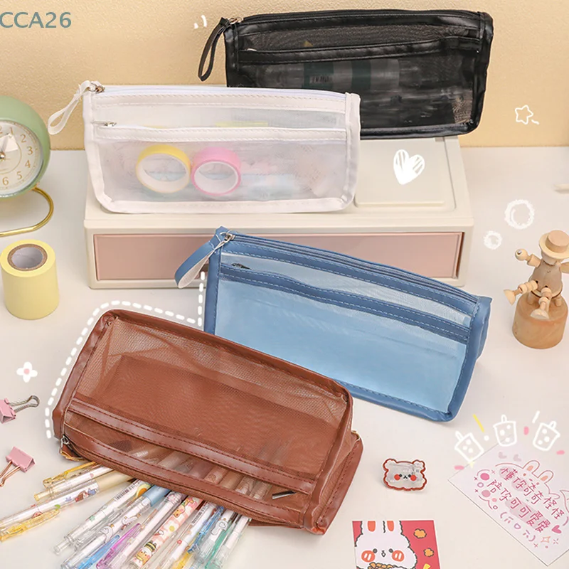 1pcs Transparent Stationery Pencil Bag Student Examination Dedicated Nylon Mesh Pen Case Large Capacity Pouch School Supplies