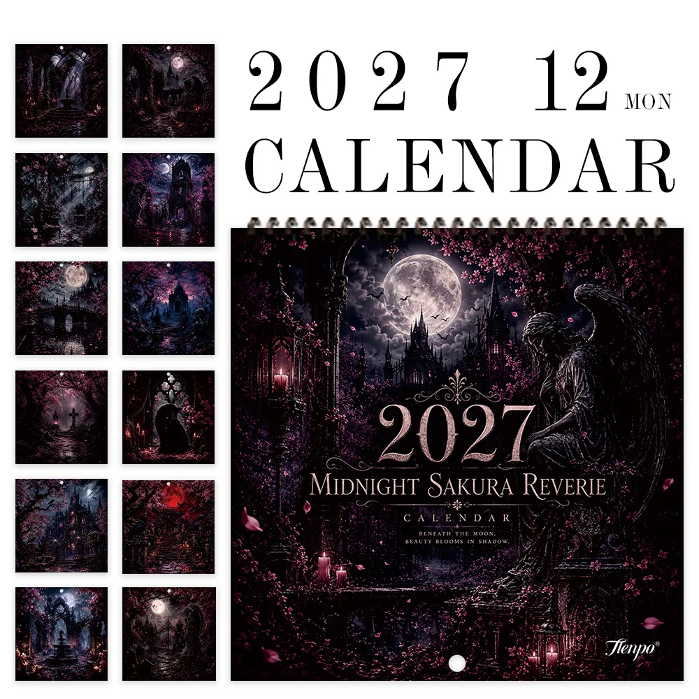 1pc 2027 Midnight Cherry BlossomWall Calendar 12‑Month Planner,Gift For Back‑to‑School,Christmas,New Year,Free Stickers Included