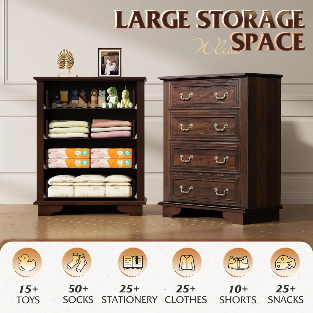 خزانة مزرعة رائعة لغرفة النوم، خزانة خشبية طويلة مع 4 أدراج، خزانة ذات أدراج بمقبض معدني روماني للمعيشة #4