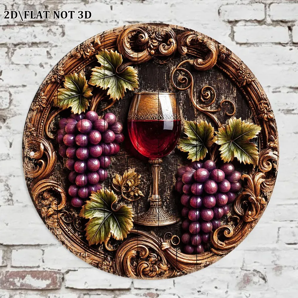 2D Flat, 1pc 8x8 Inch / 20x20cm Round Sign, Vintage Decorative Plaque Featuring Red Wine and Grapes, Wine Bar Decor Sign, Suitab