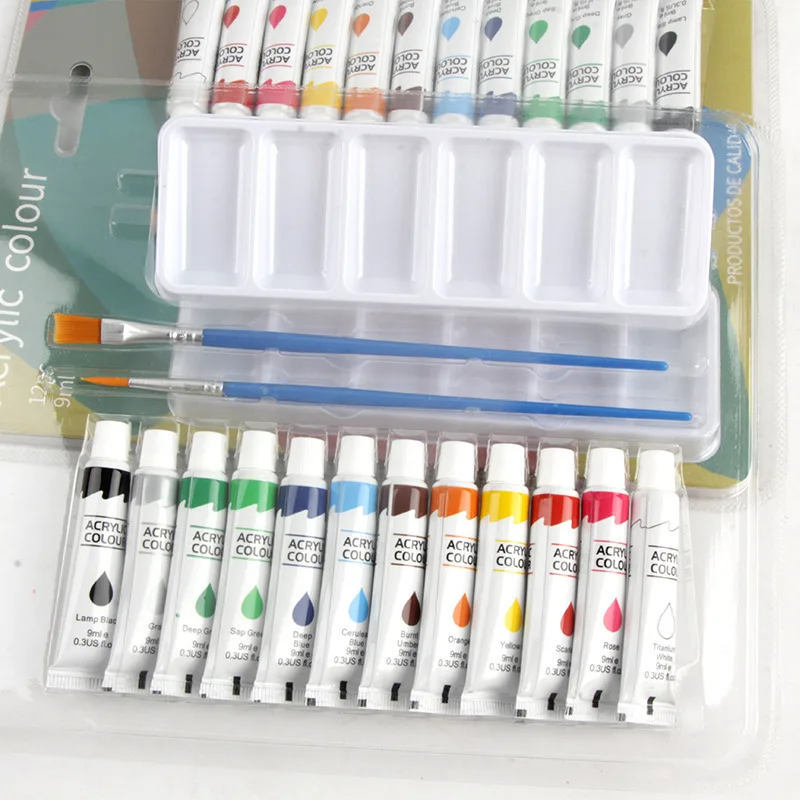 9ml 12 Color Acrylic Paint Set with Brush Palette Bright Colors for Canvas Stone Wood Ceramic Plastic Painting Graffiti