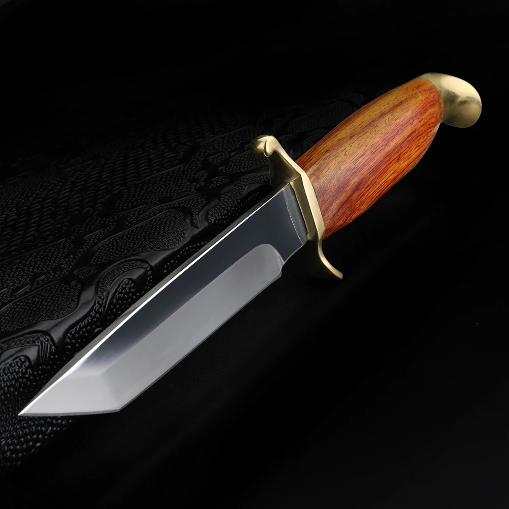 

Outdoor survival hunting knife D2 leather sheath fixed blade solid wood handle steel knife