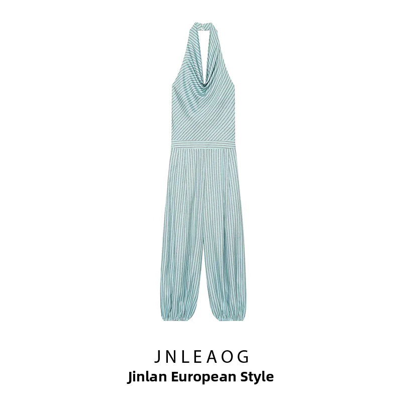 JNLEAOG Summer New Fashionable Stripe Lantern One-Piece Suit High Waist Straight Leg Long Pants Polyester Fiber Street Style