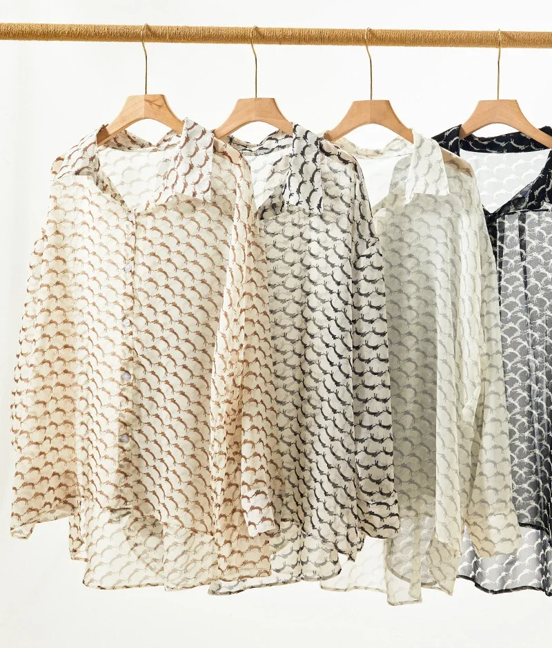 Summer Casual Shirts Chiffon Long Sleeve Sun Protection for Women Print Color Korea Stylish Classic Loose Female Blouse