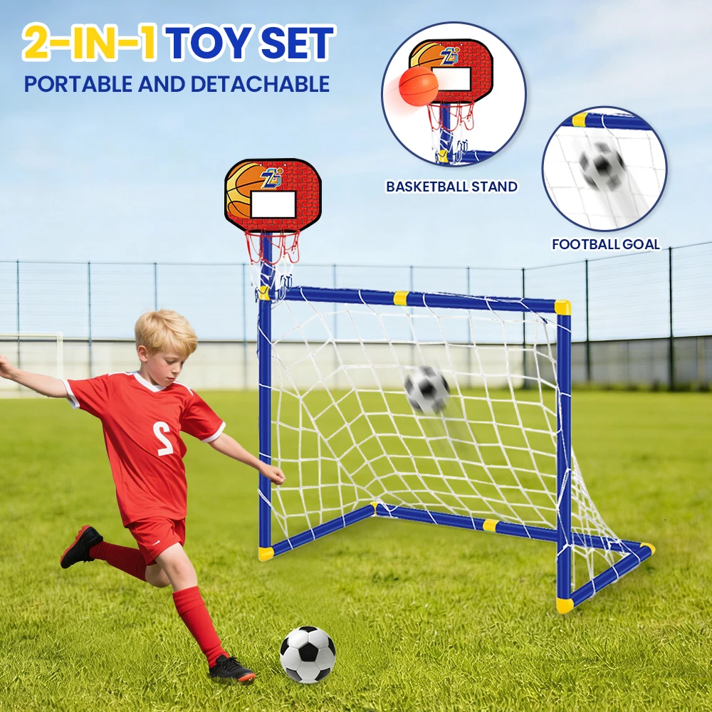 لعبة رياضية 2 في 1 للأطفال: حامل كرة سلة ومرمى كرة قدم محمول للألعاب الداخلية والخارجية، هدايا عيد ميلاد للأولاد والأطفال