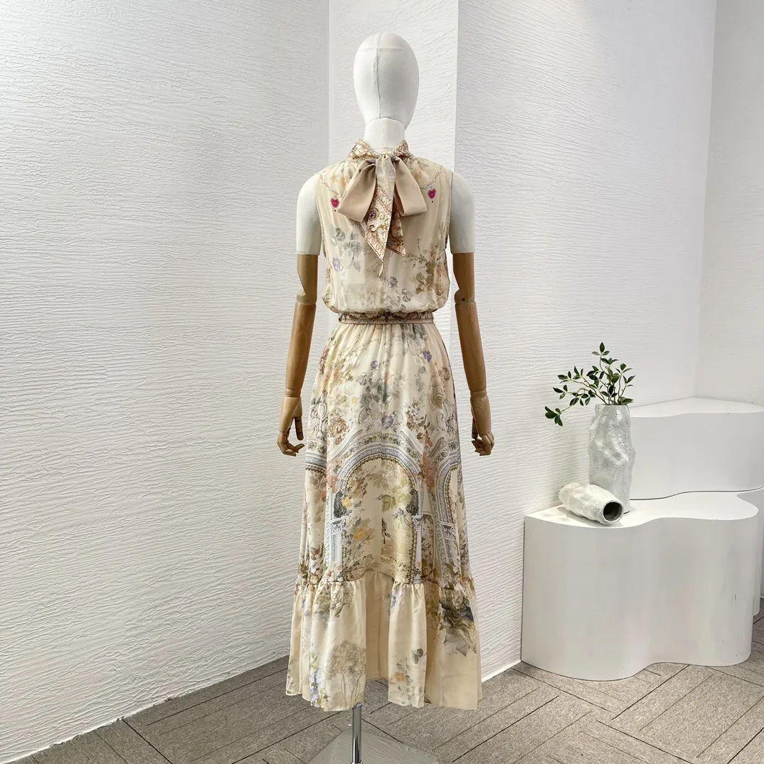 Elegant Women's High Quality Beige Floral Print Sleeveless Stand Collar Diamonds Midi Dress Self Bow Tie At Waist 2024 New