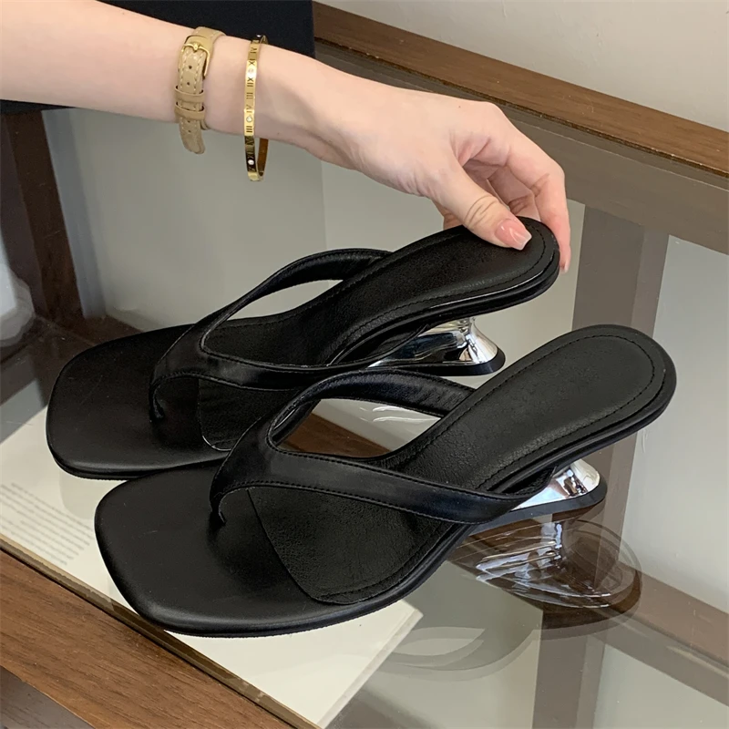 

Women's Square Open Toe Thong Strap Metallic Wedge Slip‑On Mule Sandals, Minimalist Casual Daily Vacation Footwear,Drop Shipping