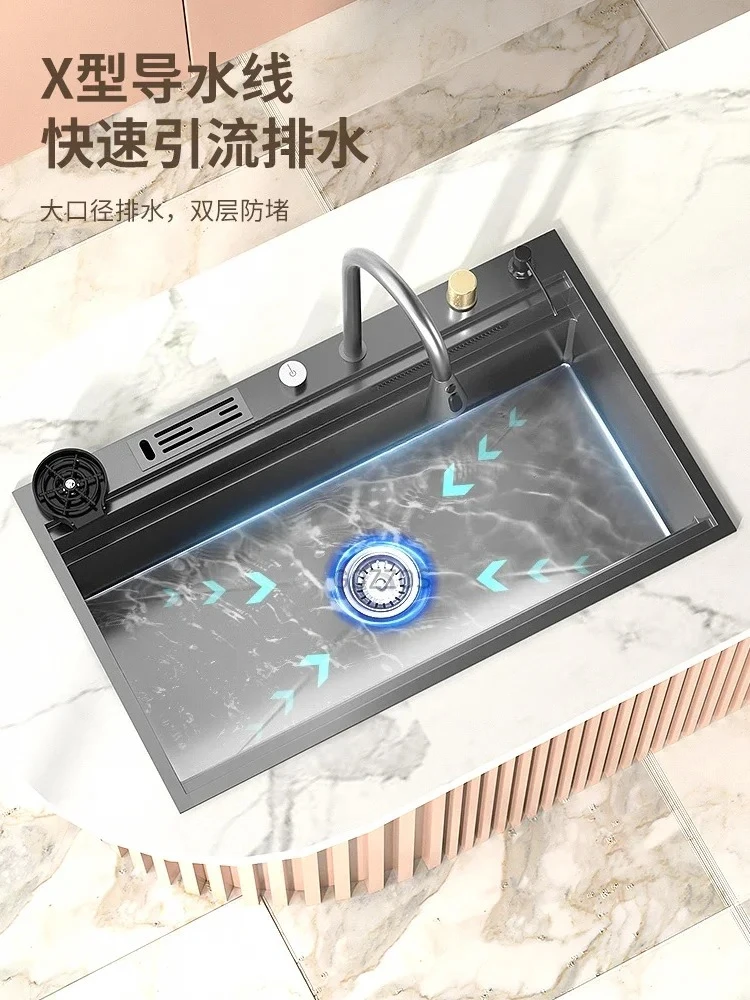 Lavello a cascata Cucina in acciaio inossidabile Lavaggio domestico Lavabo per verdure Lavello addensato manuale sotto il bancone Grande singolo