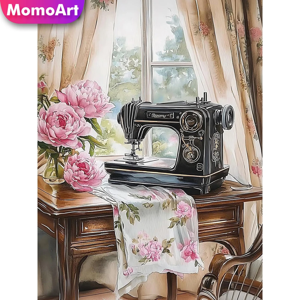 

Momoart Diamond Mosaic Sewing Machine Landscape Embroidery Full Drill Square Diamond Painting Peony Flower DIY Home Decoration