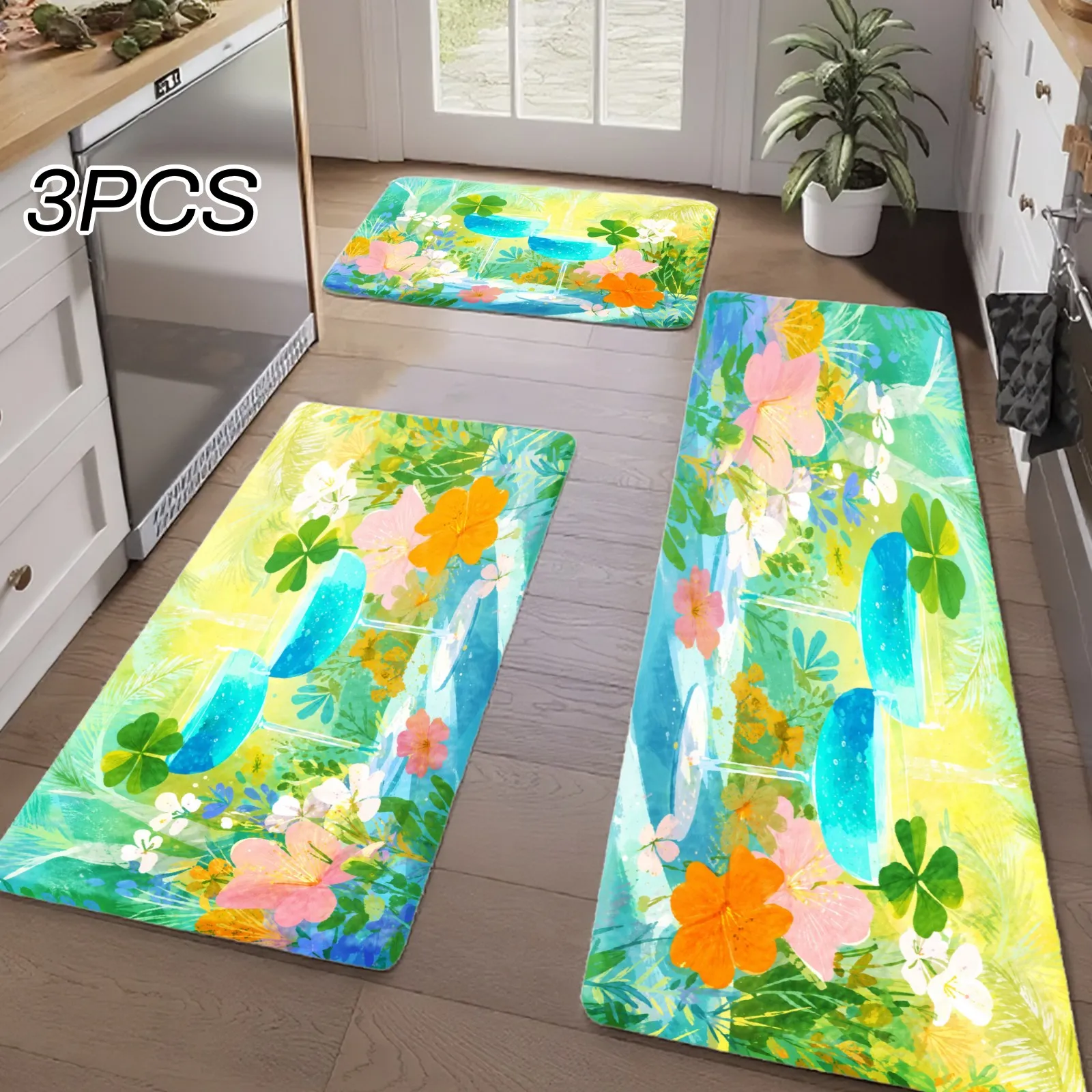 3PCS Kitchen Rugs,Home Decoration for Front Door, Kitchen, Bathroom, Floral Pattern With Bright Colors And Leaves Dining Mat