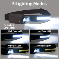 LQWELL LED Head Flashlight COB Broadband Spotlight Type-C USB Charging Headlight 5 Modes Waterproof For Fishing Night Running