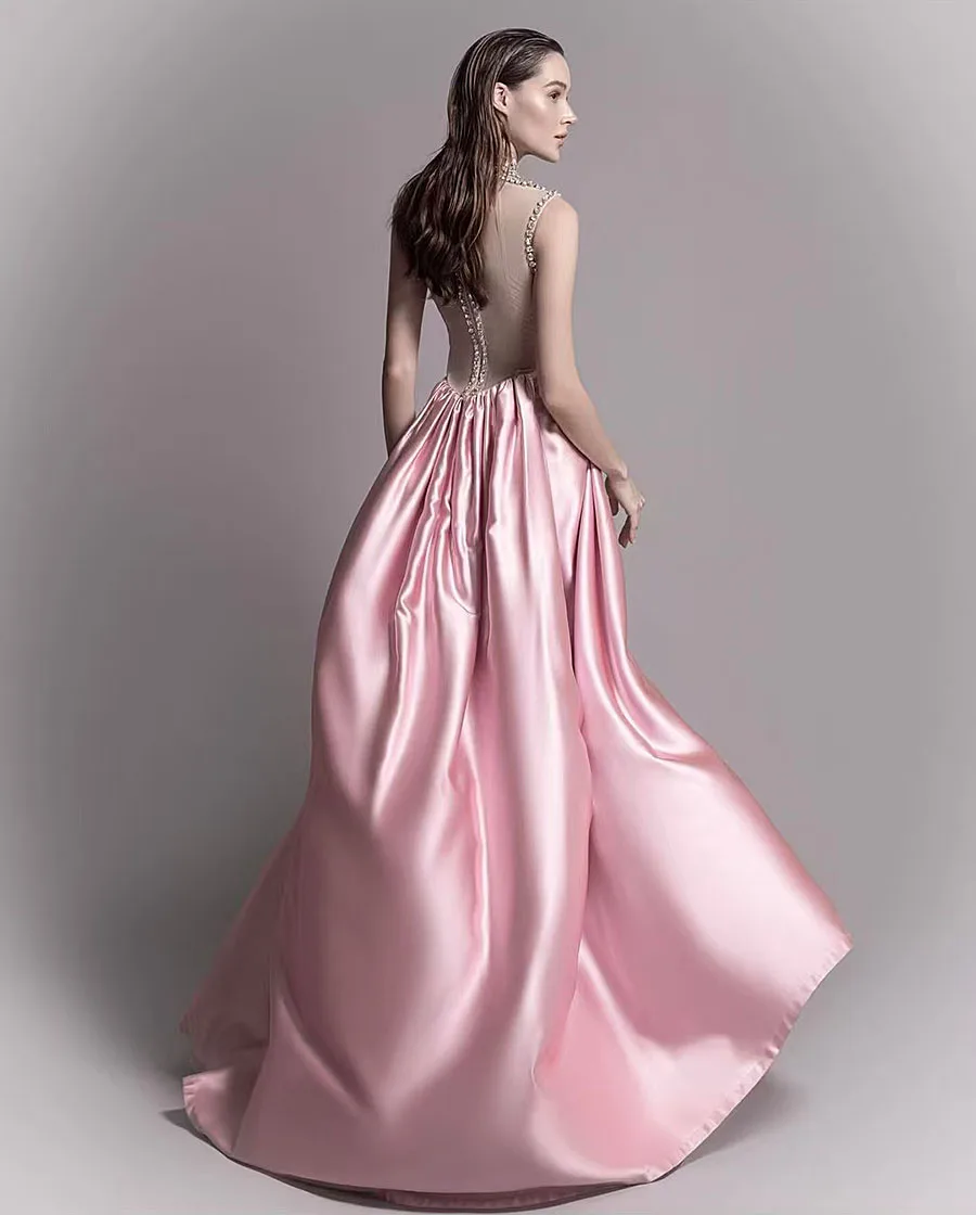 2025 Evening Dress Long Pink Cystal Illusion A-line Prom Graduation Toast Dresses Satin Sleeveless Formal Party Dress Custom