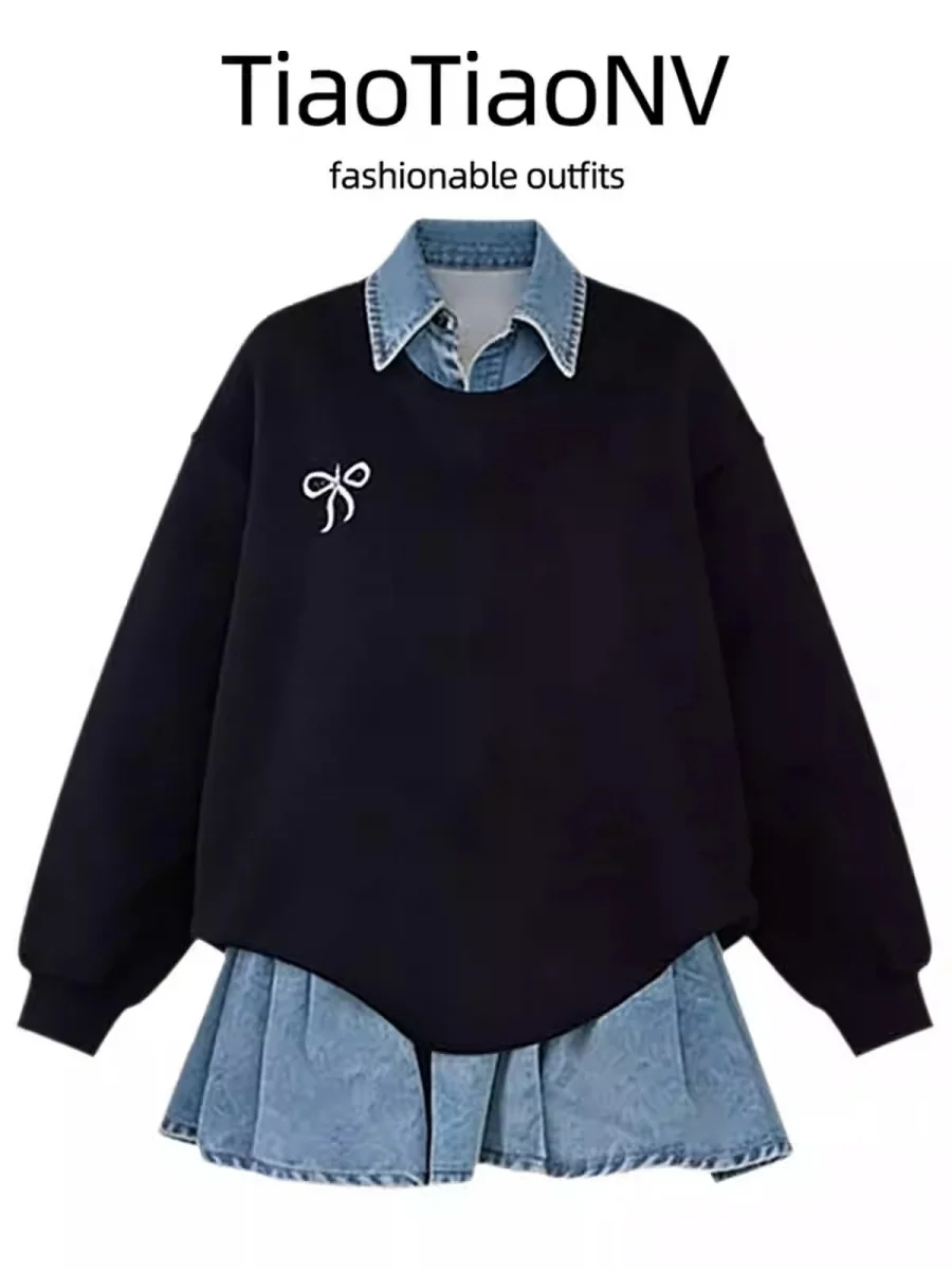 

Модный комплект из свитшота и брюк больших размеров с длинным рукавом, женский, с завышенной талией, весенний, новый, однотонный, с узлом