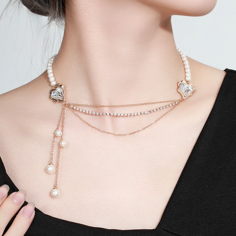 Crystal American clavicle chain imitation pearl chain multi-layered pendant design necklace women's fashion jewelry gifts