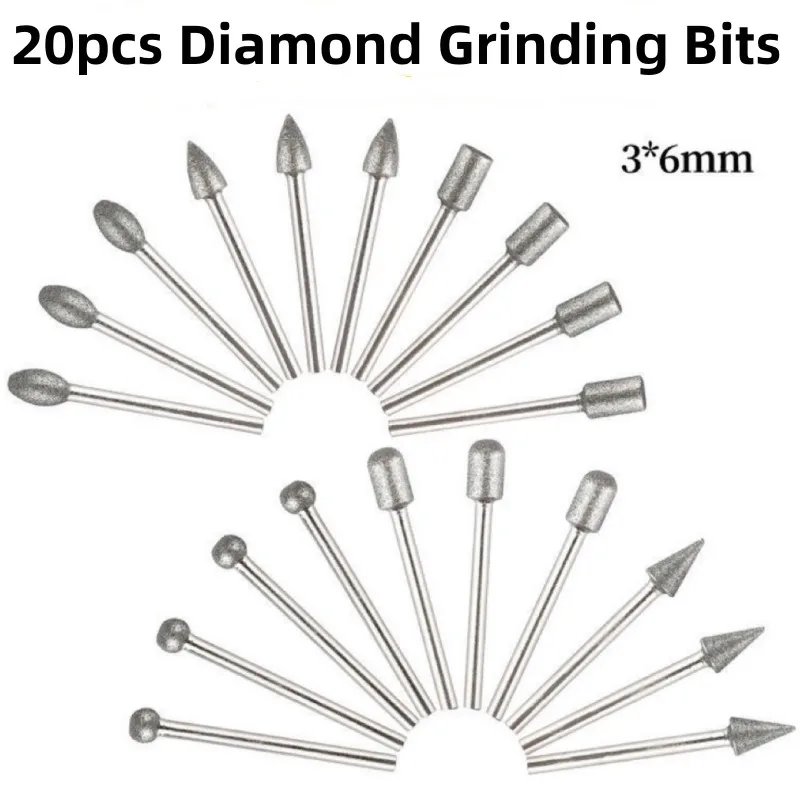 Diamond Grinding Head Burr Bit Grupo Ferramenta Rotativa Needle Point Acessórios de Gravura Stone Glass Carving Drill mm 20 Pcs