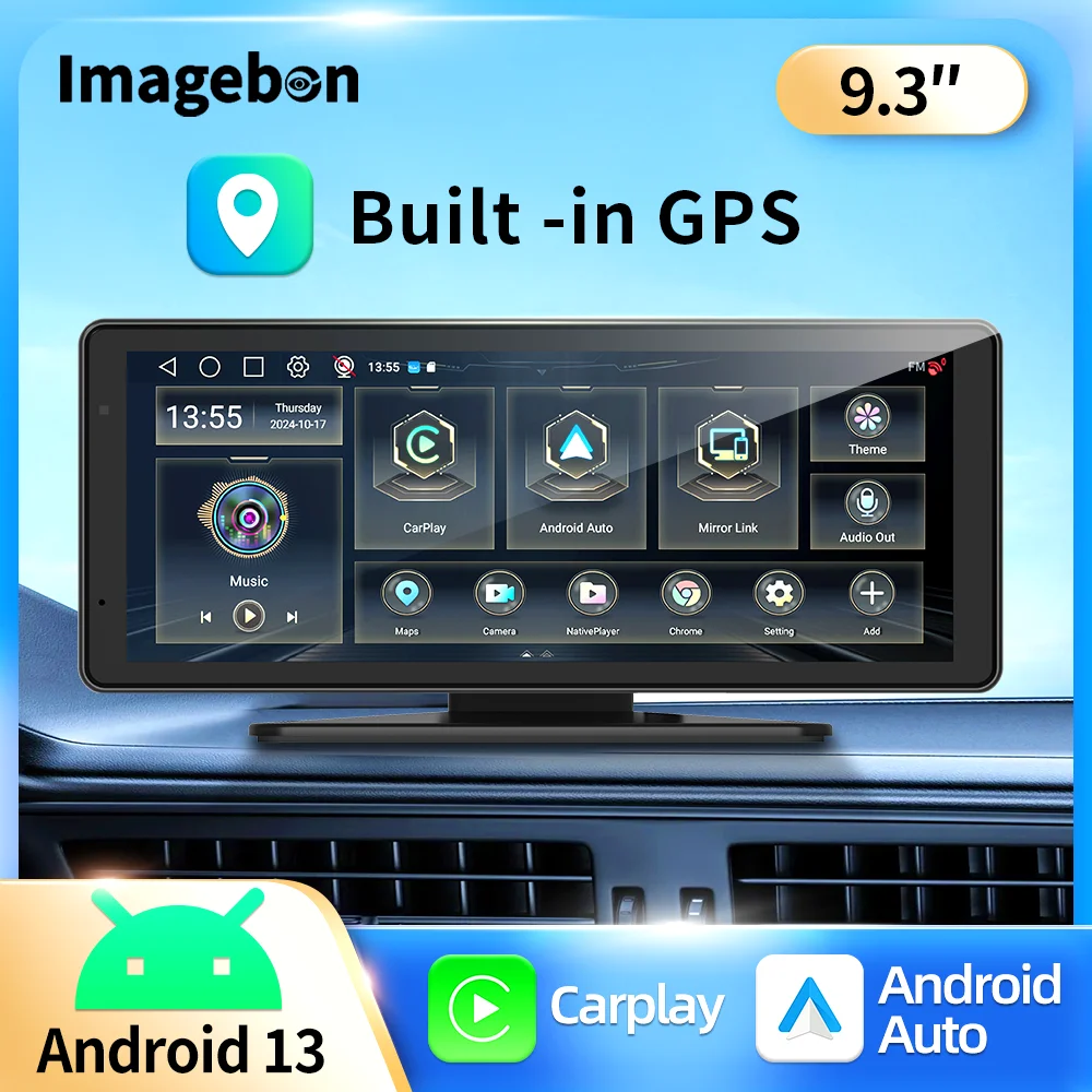 Imagebon 9.3 Inch Android 13 Dash cam Wireless CarPlay & Android Auto Car DVR 5G WiFi Build In GPS Google Store Car Stereo