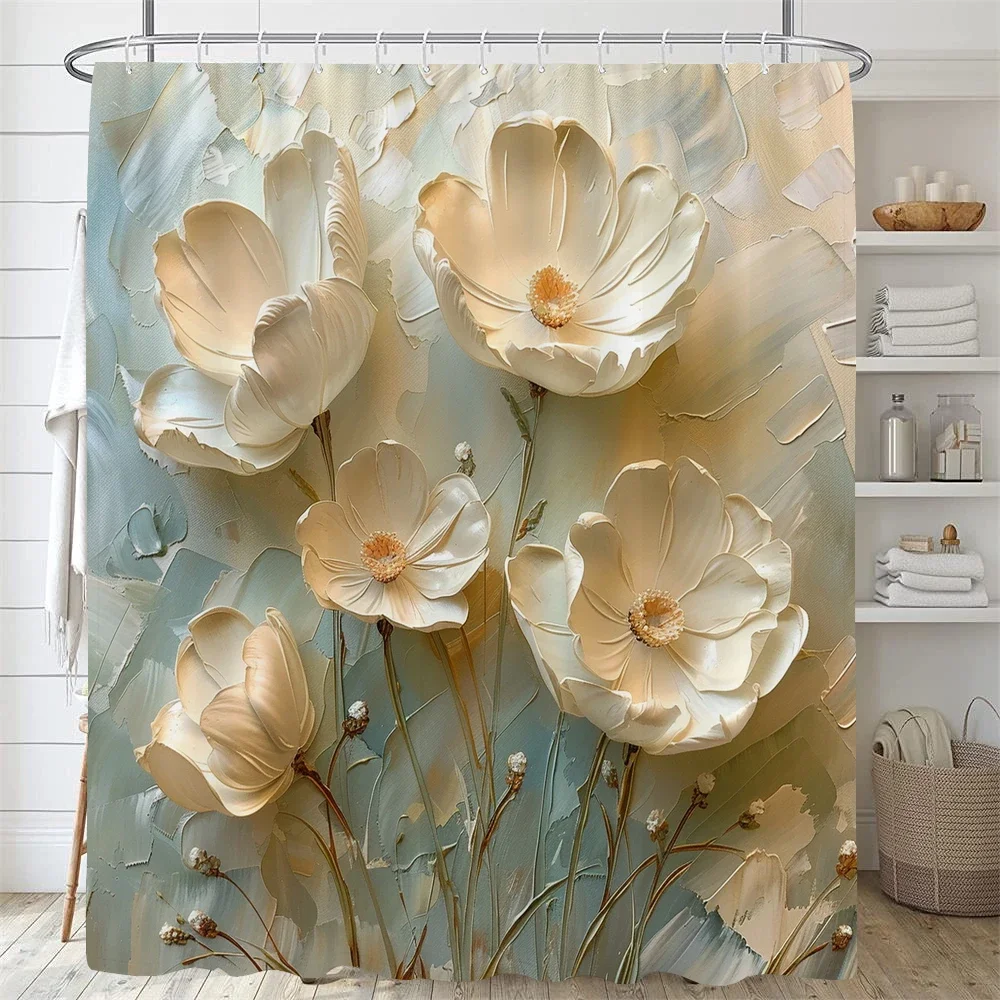 2D Thick Texture White Poppy Flower Shower Curtain Abstract Impasto Oil Painting Light Green Background Floral Art Print Waterpr