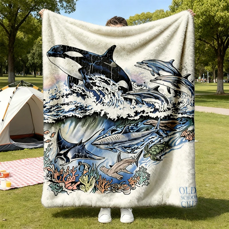 Vintage Orca Dolphin Ocean Flannel Blanket, Marine Life Graphic Flannel Blanket