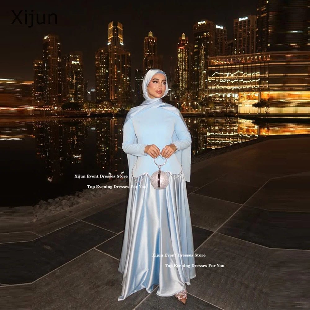 

Xijun Modest Baby Blue Crepe Evening Dresses Crystal Full Sleeves Prom Dresses Muslim Luxury Dubai Prom Gowns 2025 Customized