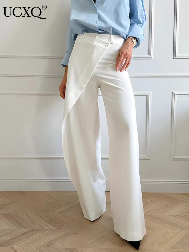 

UCXQ Fashion Casual Pants European Style Splicing High Waisted White All Match Elegant Wide Leg Trouser Women 2024 Spring Autumn