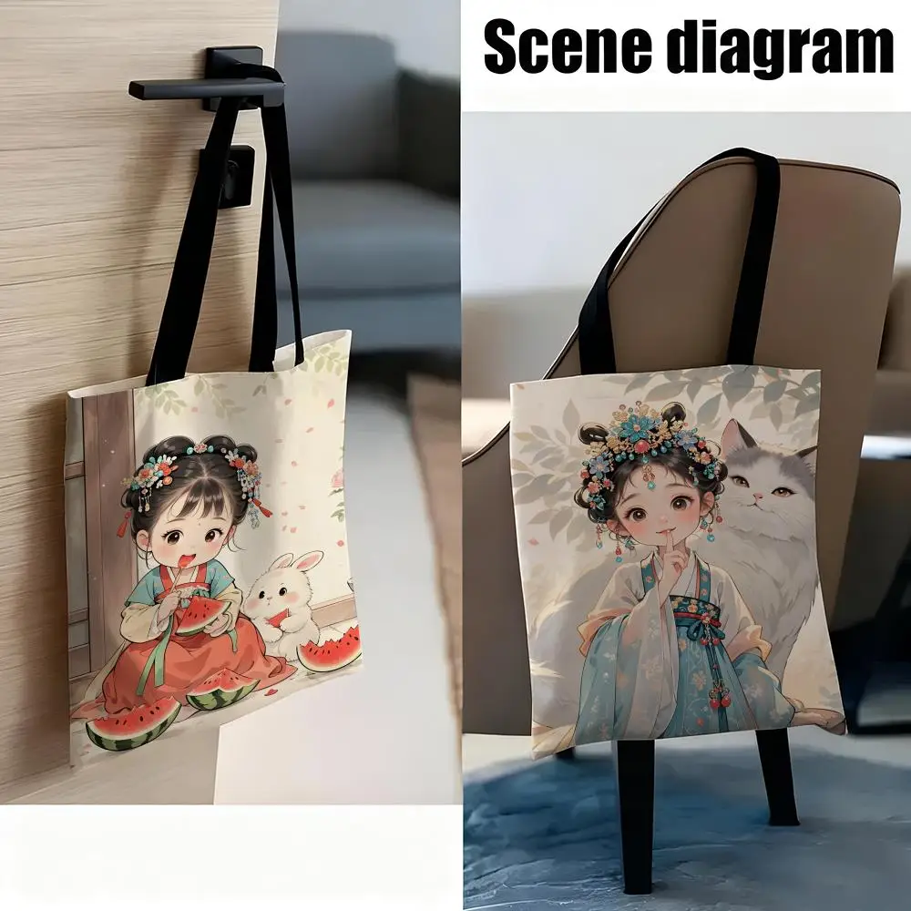 Cute Jade Rabbit Girl with Aesthetics Storage Bags Canvas Tote Bag - Festive Large Capacity Handbag for Picnic Travel Shopping