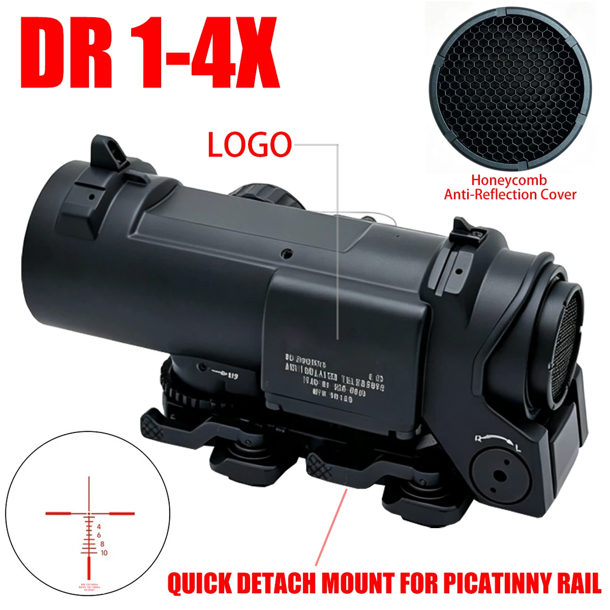 DR 1-4x Variable Magnification Riflescope Red Cross Reticle Tactical Optics with Honeycomb Cover for 20mm Rail Hunting Have Logo