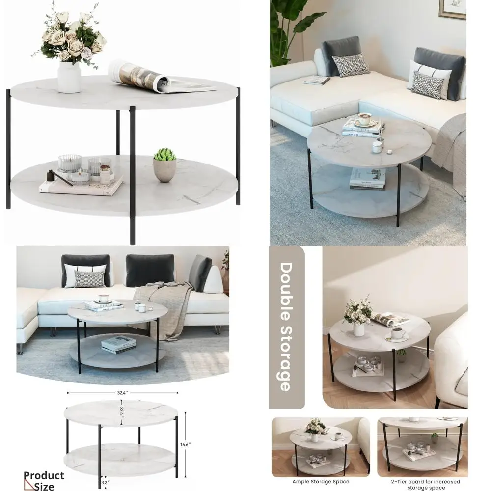 

2-Tier Round Wooden Living Room Coffee Table with Storage Shelf, Compact Marble-Style Table for Apartments