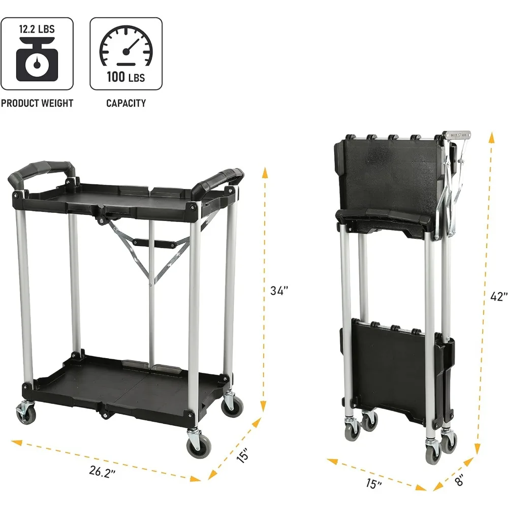 Olympia Tools 89-356 Folding Service Cart, Black, 50 lbs. Load Capacity per Shelf, 2-Tier Storage