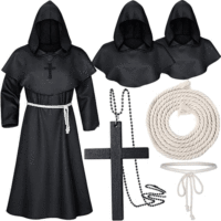 Medieval Monk Hood Cloak Sorcerer Priest Costumes Halloween Robe Wizard Knight Cape Adult Teens Outfit Party Props Set