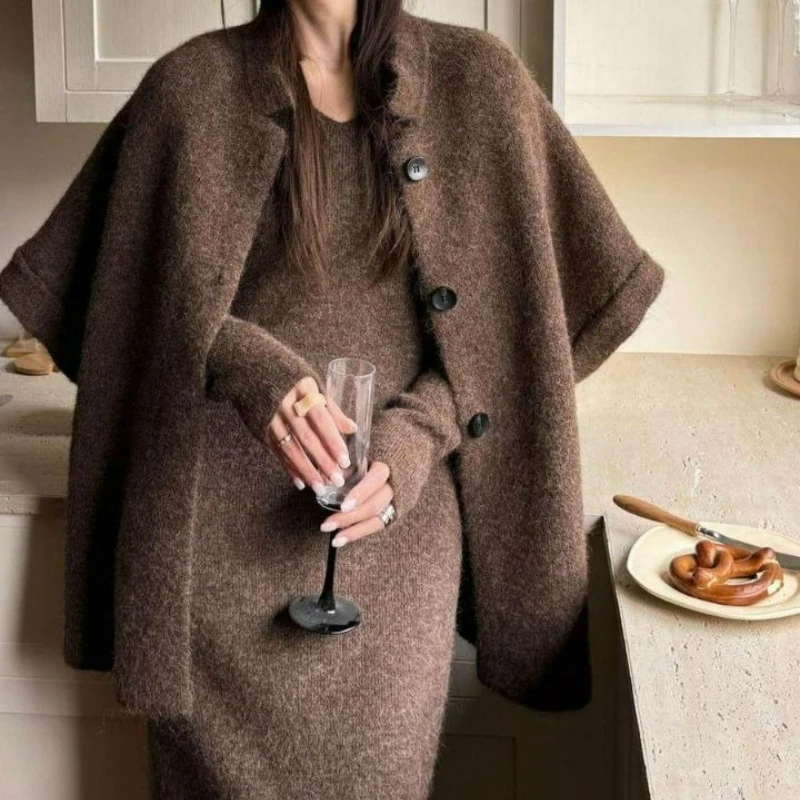 

Модный корейский комплект из двух предметов: элегантное трикотажное пальто и длинное платье для женщин, осенний повседневный стиль