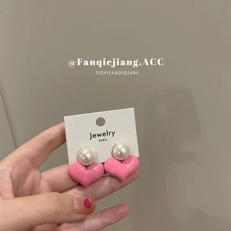 Korean New S925 Silver Needle Death Pink Love Pearl Earrings Fashion Leading Sweet and Cool Earings for Women Jewelry