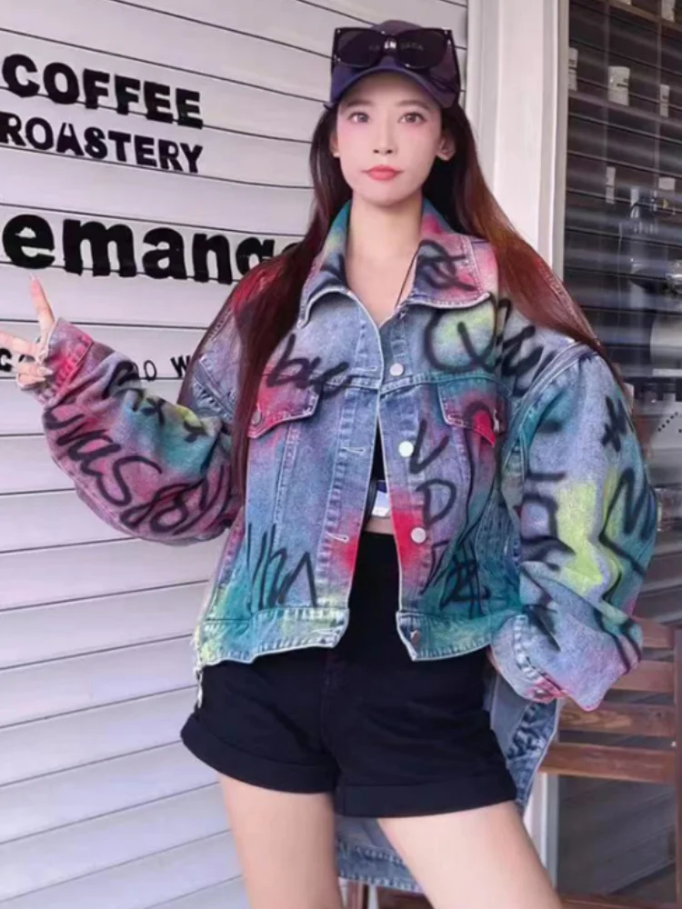 

Vefadisa Blue 2024 Autumn New Personalized Printed Women Denim Coat Lapel Long Sleeve For Fashion Irregular Coat ZXY1021A